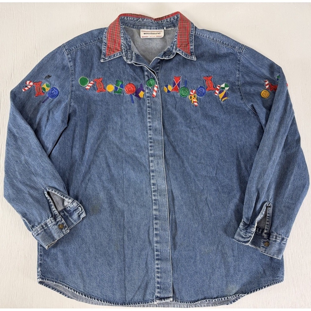 Vintage Westbound Casual Womens Christmas Candy Embroidered Denim Button Up Top